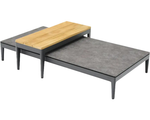 Zwei graue Couchtische mit Holzplatte und Steintischplatte