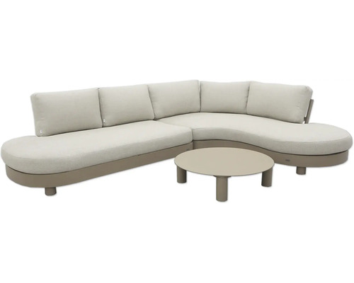 Ecksofa mit passendem runden Tisch für den Außenbereich