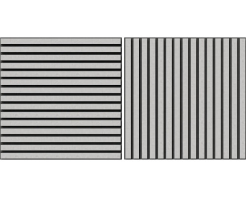 Akustikpaneel Laminat Betongrau 600 x 600 mm Pack = 2 Stück Zwei Ansichten einer Fassadenverkleidung mit horizontaler und vertikaler Ausrichtung