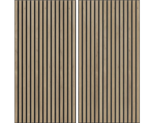 Zwei Holzpaneele mit Lamellenstruktur zur Wandverkleidung