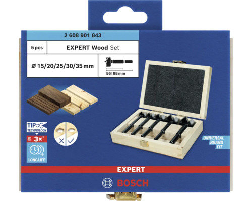 Forstnerbohrersatz Bosch Professional ø 15, 20, 25, 30, 35 mm x 88 mm Bosch Expert Holzbohrer Set mit fünf Teilen in Holzbox