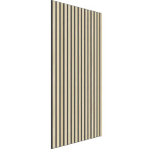 Holzpaneel mit hellen Holzlatten und dunklen Akustikstoffstreifen