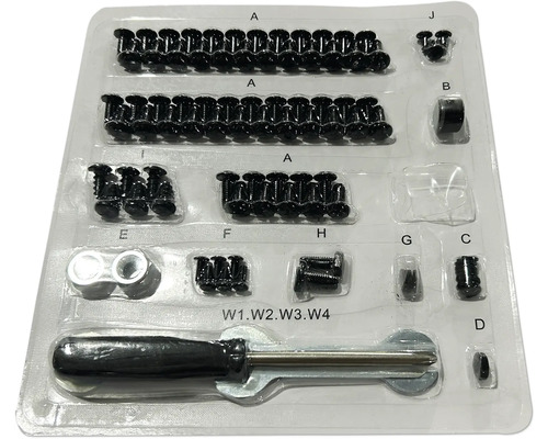 Sortiment mit Schrauben und Werkzeug in einer transparenten Verpackung.