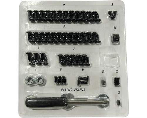 Befestigungsmaterial inklusive Schrauben, Muttern und Werkzeug in Kunststoffverpackung