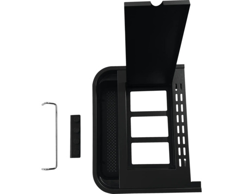 Bilder eines schwarzen Grillschranks mit Zubehör.