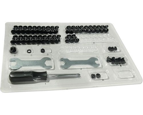 Ersatzteil TENNEKER Halo TG-3 Schrauben Pack TGS108 Sortiment an Schrauben, Muttern und Werkzeug in transparenter Kunststoffverpackung.