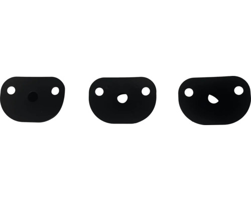 Drei schwarze Abdeckungen mit Löchern zur Befestigung.