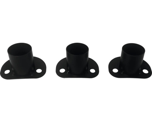 Drei schwarze Zaunfußhalterungen aus Metall