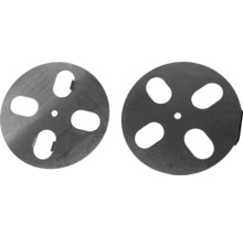 Zwei runde Abdeckplatten aus Metall mit Aussparungen