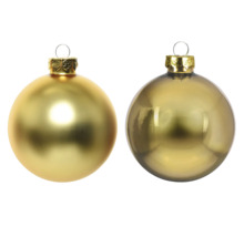Zwei goldfarbene Weihnachtskugeln mit Aufhängung