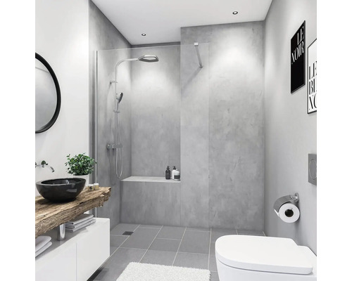 Duschrückwand BREUER Express Q72 Betonoptik 210 x 100 cm 1413509000202 Modernes Badezimmer mit Dusche, Waschtisch mit Aufsatzwaschbecken und Toilette.