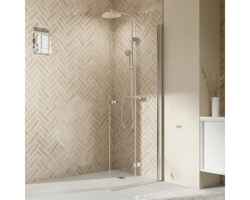 Walk In mit Drehfalttür BREUER Elana 2.0 Express Q72 Profil rund 100 x 200 cm Profil silber matt Klarglas schmutzabweisende Glasbeschichtung Türanschlag rechts Puffergriff Badezimmer mit Dusche, Armatur und Handtuchhalter