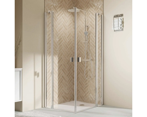 Eckeinstieg mit Drehtür mit Festteil BREUER Elana 2.0 Express Q72 Profil eckig 80 x 80 x 200 cm Profil silber matt Klarglas schmutzabweisende Glasbeschichtung Reversibel Eckdusche mit Duscharmatur und Handtuchhalter im Badezimmer