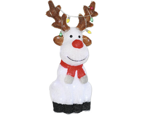 LED Leuchtfigur Lafiora AcrylRentier H 53 cm 60 LEDs Lichtfarbe kaltweiß batteriebetrieben inkl. 6 Stunden Timer Dekorative Rentierfigur mit Geweih, Lichterkette und rotem Schal als Weihnachtsdekoration.