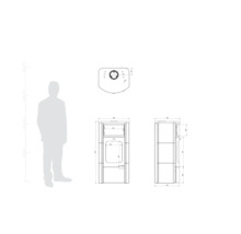 Technische Zeichnung eines Kaminofens mit Maßangaben und Größenvergleich durch eine menschliche Silhouette.
