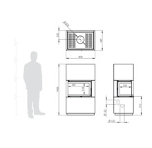 Technische Zeichnung eines Kamins mit Maßangaben