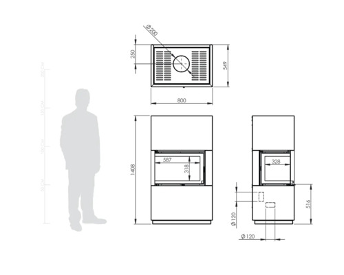 Technische Zeichnung eines Kamins mit Maßangaben