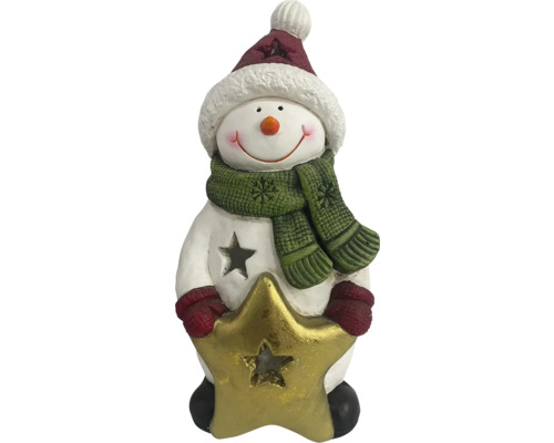 Schneemannfigur mit Mütze, Schal und Stern