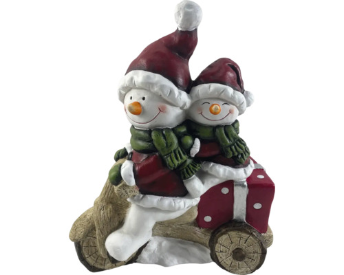 Dekofigur: Zwei Schneemänner auf Holzschlitten mit Geschenk
