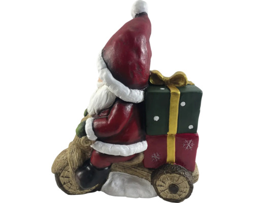 Weihnachtsmann Figur auf Holzmotorrad mit Geschenken