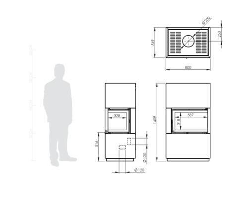Technische Zeichnung eines Kaminofens mit Maßangaben
