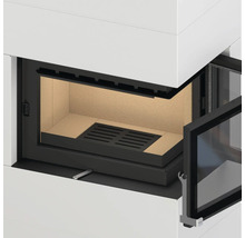 Detailansicht eines Kaminofens mit geöffneter Glastür