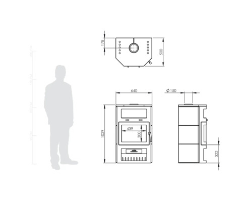 Maßzeichnung eines Ofens mit Höhen-, Seiten- und Draufsicht sowie Maßangaben