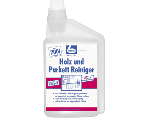 Dr. Becher Holz und Parkett Reiniger in einer durchsichtigen Plastikflasche.
