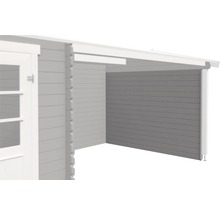 Detailansicht eines Gartenhauses mit seitlichem Anbau aus Holz