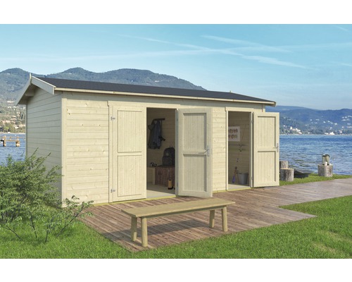 Gartenhaus Tuvalu XL inkl. Fußboden 540 x 331,2 cm natur Große Gartenhütte aus Holz mit Doppeltür und Sitzbank vor einem See