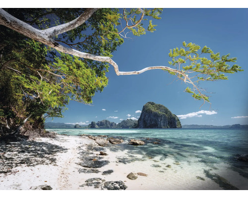Landschaft mit tropischem Strand, Felsen und blauem Himmel