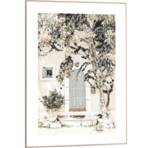 Gerahmtes Bild eines Hauses mit Tür, Fenster und Blumen