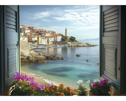Blick durch ein Fenster auf eine Küstenstadt mit Leuchtturm und Meer