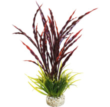 Dekorative Aquarium Pflanze mit roten und grünen Elementen in einem Kiesbett