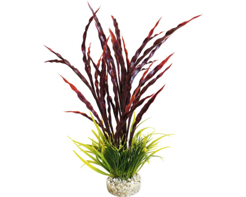 Dekorative Aquarium Pflanze mit roten und grünen Elementen in einem Kiesbett