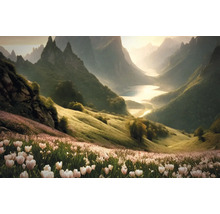 Landschaftsbild mit Tal, Blumenwiese und Bergen