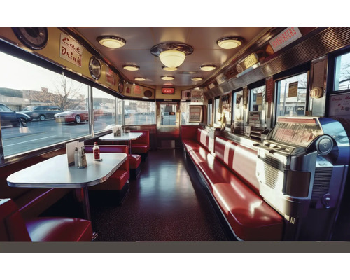 Decopanel Dinner 90x58 cm Innenansicht eines Diner-Restaurants im Retro-Stil mit Sitzbänken, Tischen und Jukebox