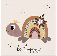 Illustration einer Schildkröte mit Regenbogenschild und der Aufschrift Sei glücklich
