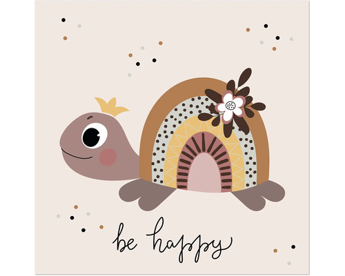 Illustration einer Schildkröte mit Regenbogenschild und der Aufschrift Sei glücklich
