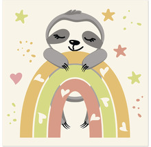 Illustration eines Faultiers auf einem Regenbogen, umgeben von Sternen und Herzen