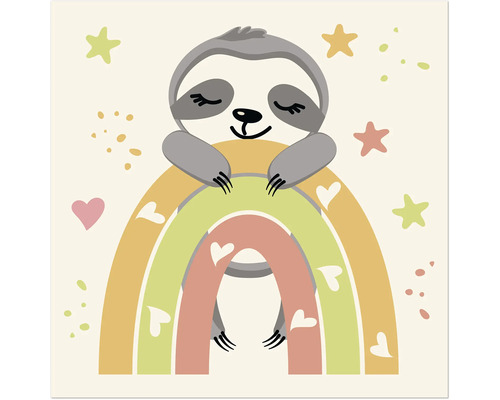 Illustration eines Faultiers auf einem Regenbogen, umgeben von Sternen und Herzen