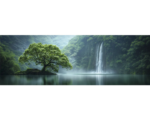 Leinwandbild Wasserfall 150x50 cm Landschaft mit Baum, Wasserfall und See