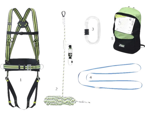 Absturzsicherungsset mit Auffanggurt, Seil, Karabiner, Verbindungsmittel und Rucksack.