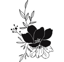 Schwarz-weiße Darstellung von Blumen mit Blättern