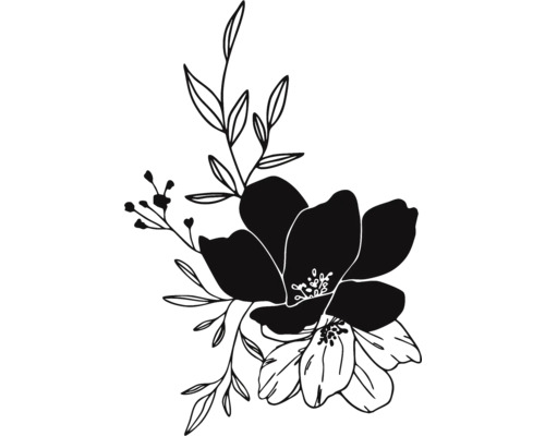 Schwarz-weiße Darstellung von Blumen mit Blättern