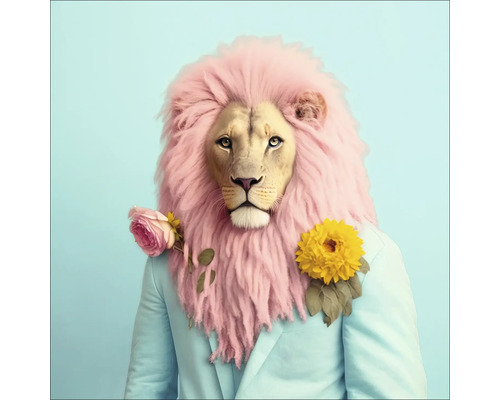 Löwe mit rosa Mähne, Blumen und Anzug