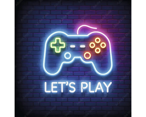 Neonreklame mit Gamepad-Controller und dem Text Lass uns spielen auf einer Ziegelwand