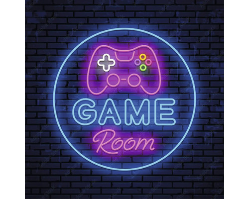 Neonzeichen mit der Aufschrift Game Room und einem Controller-Symbol auf einer Ziegelwand