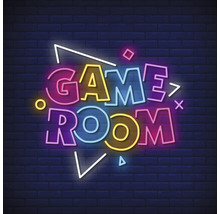 Neonreklame mit der Aufschrift Game Room vor einer Backsteinmauer