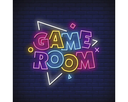 Neonreklame mit der Aufschrift Game Room vor einer Backsteinmauer